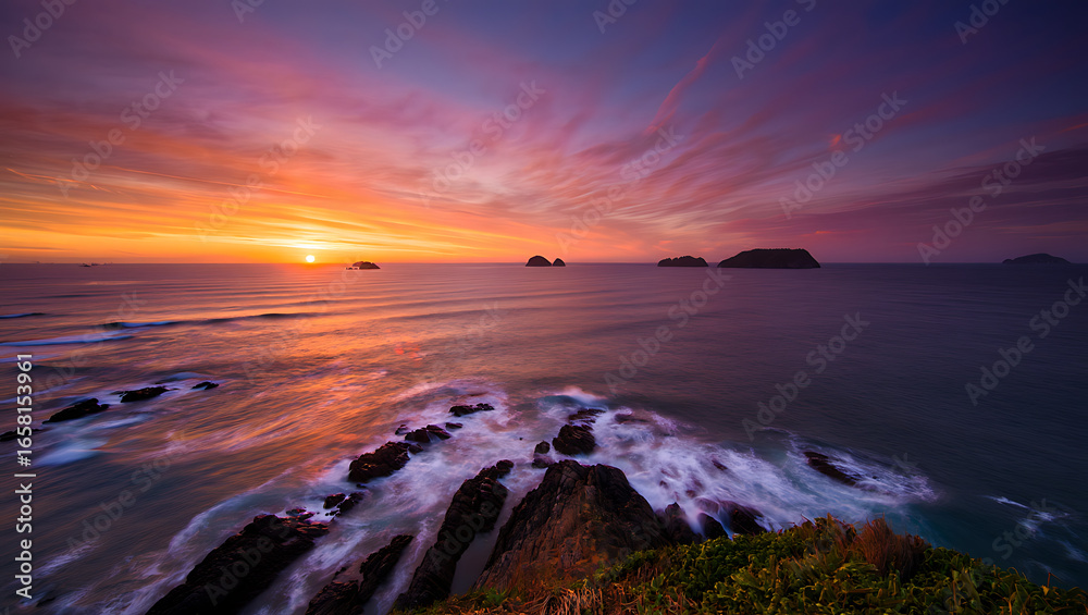 Dramatic sunset paints the sky in vibrant hues of orange purple and pink over a tranquil ocean with silhouetted islands and waves crashing on rocky shore Dramatic sunset paints the sky in vibrant hues of orange purple and pink over a tranquil ocean with silhouetted islands and waves crashing on rocky shore
