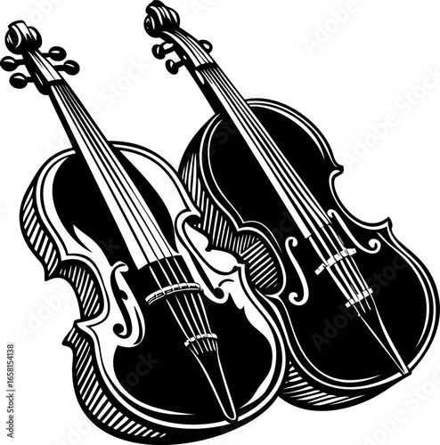 Monochrome illustration of two violins, a classical musical instrument artwork print