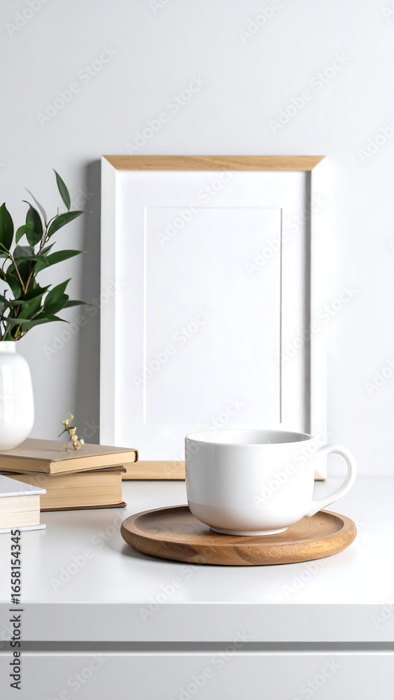 Obraz premium White cup, frame, books, vase, simple