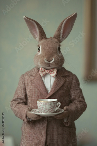 Elegant rabbit butler serving tea in vintage suit