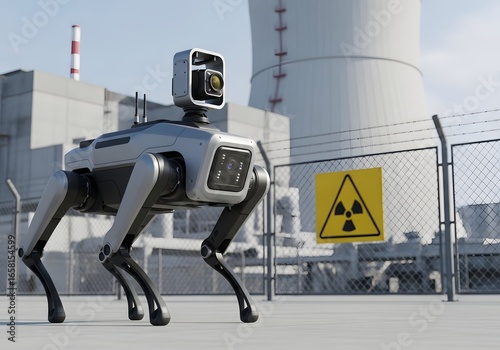 Autonomous robot patrolling a nuclear power plant, ensuring safety and security through advanced technology and radiation monitoring capabilities