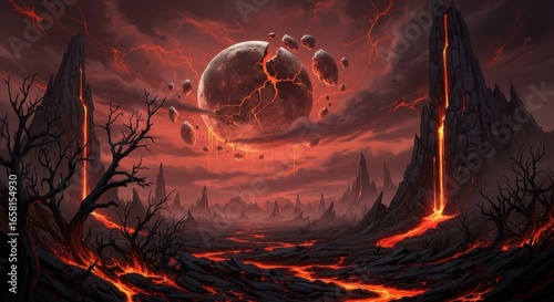 Epic hellscape with a shattered moon and rivers of lava