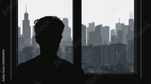 A shadowy figure gazes out a window at a vast, grey cityscape, a feeling of solitude pervades the scene
