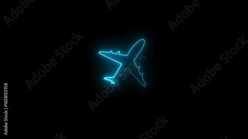 Abstract neon  airplane icon animation. Glowing Flight & Travel Symbol Loop. Airplane digital icon, neon  Plane Icon, Travel Concept on black background.