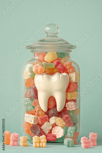 White tooth figurine surrounded by colorful candies in glass jar promoting dental health awareness