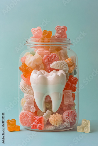 Big white tooth surrounded by sugary treats in glass jar promoting dental health awareness