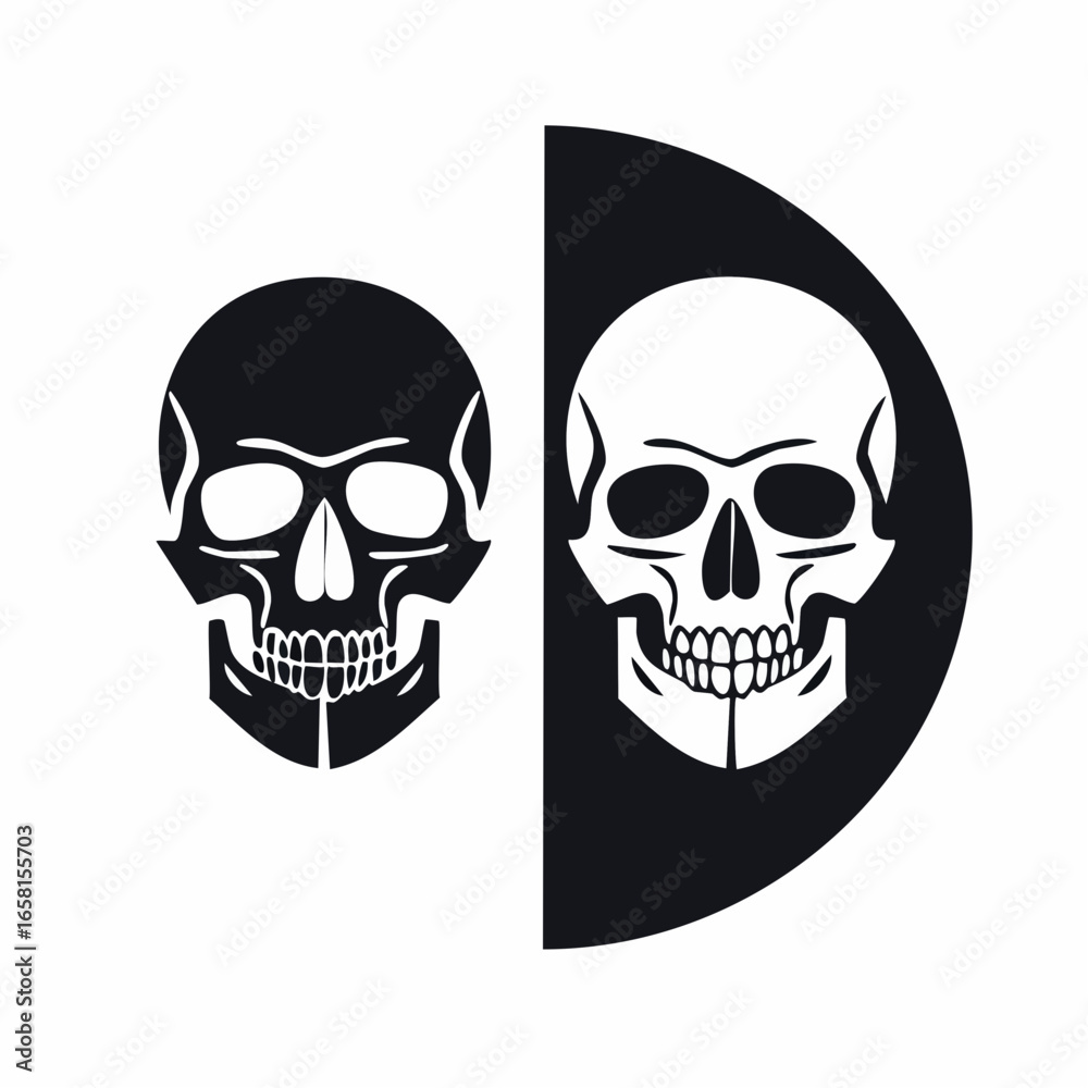Captivating minimalist skull vector icons, arranged horizontally as two distinct image objects, symbolizing duality and offering a bold graphic illustration. Captivating minimalist skull vector icons, arranged horizontally as two distinct image objects, symbolizing duality and offering a bold graphic illustration.