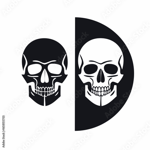 Captivating minimalist skull vector icons, arranged horizontally as two distinct image objects, symbolizing duality and offering a bold graphic illustration.