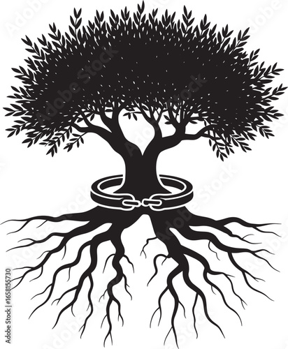 Silhouette of a Tree with Roots and Handcuffs on Transparent Background for Freedom
