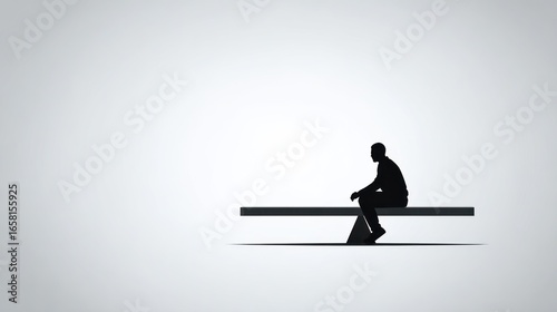 A solitary silhouette sits on an unbalanced seesaw against a minimalist, light gray backdrop, conveying a sense of loneliness or imbalance