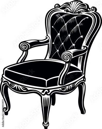 Elaborate illustration of an antique armchair with ornate carvings and tufted upholstery