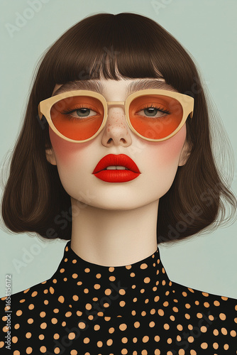 Fashion model wearing sunglasses and red lipstick posing for beauty portrait