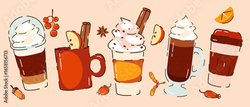 Background with autumn, winter hot drinks. Pumpkin latte, hot chocolate, coffee with cream, cocoa. Banner with drinks. Vector illustration.