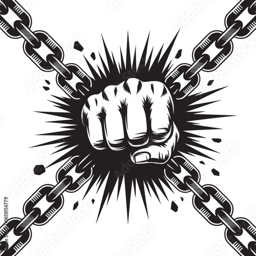Unleashed Power A Fist Breaking Chains Symbolizing Strength, Resistance, and Overcoming Adversity