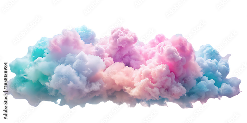 Fototapeta premium Vibrant cotton candy colored cloud formation with pink, purple, turquoise, and white swirls blending together, isolated on a transparent background