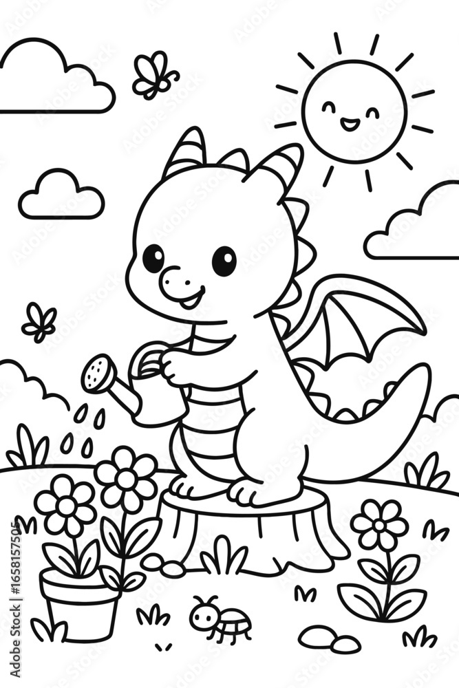 Fototapeta premium Cute baby dragon watering flowers in a whimsical garden with smiling sun