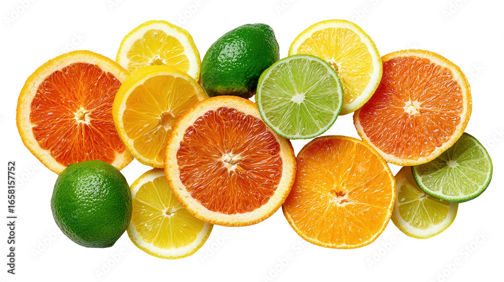 Freshly Cut Citrus Fruits: A flat lay of freshly cut citrus fruits like oranges, lemons, and limes, isolated on a Transparent background, PNG file. Freshly Cut Citrus Fruits: A flat lay of freshly cut citrus fruits like oranges, lemons, and limes, isolated on a Transparent background, PNG file.