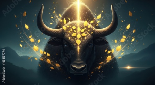 Majestic Black Bull Embellished with Golden Embers and Glowing Light