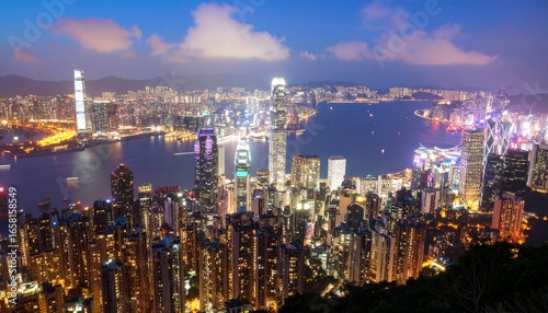 Wallpaper Mural Panoramic view of a vibrant Hong Kong cityscape and Victoria Harbour illuminated at night. Torontodigital.ca