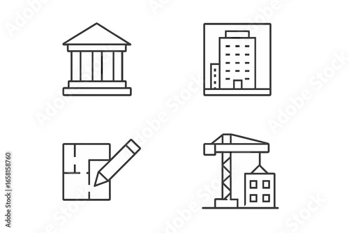Architecture and building outline icons set. Vector symbols for construction, real estate, and urban development. Includes bank, office building, blueprint plan, and tower crane.