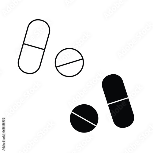 Tablet vector icon. Capsule vector icon.  Pills vector icon illustration. Medicine drugs pills capsule black icon vector illustration. Pill capsule icon.  Medical capsule icon.