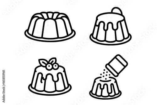 Bundt cake icons set. Outline vector illustration of mini bundt cakes preparation. Includes bundt pan, glaze drizzle, fresh berries, and powdered sugar shaker for decoration. Pastry.