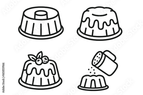 Bundt cake outline icon set. Baking dessert concept with bundt pan, glaze drizzle, fresh berries, powdered sugar shaker. Sweet food, pastry, kitchen, recipe vector graphics.