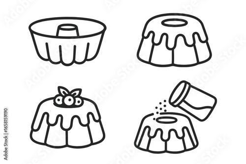 Bundt cake baking outline icon set. Vector collection showing the cooking process with bundt pan, cake with icing glaze, fresh berries topping, and powdered sugar shaker.