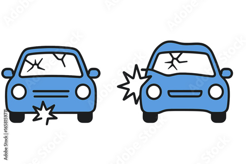 Car crash and accident icons. Vector set showing minor and major vehicle damage. Collision concept with cracked windshield and dents for insurance claim or auto repair service.