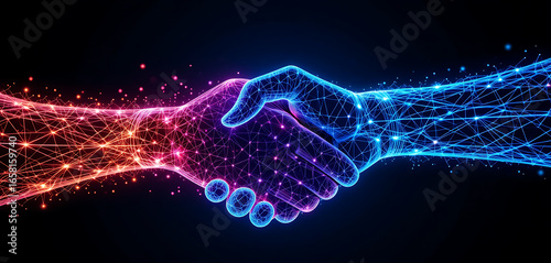 Digital handshake formed by glowing particles of blue and red, representing a futuristic business deal or collaboration