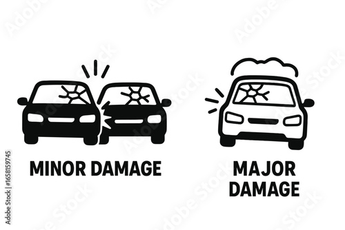 Car crash icon set showing minor and major damage. Auto accident and collision vector symbols. Insurance claim concept for vehicle repair, broken glass, and total loss.