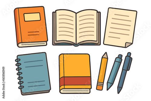 Set of school supplies for education and learning. Vector icon collection of books, notebooks, pens, and pencils. Back to school concept. Stationery and office items cartoon.