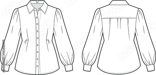 Black and white fashion illustration of a collared button up shirt with puffed sleeves clothing blouse