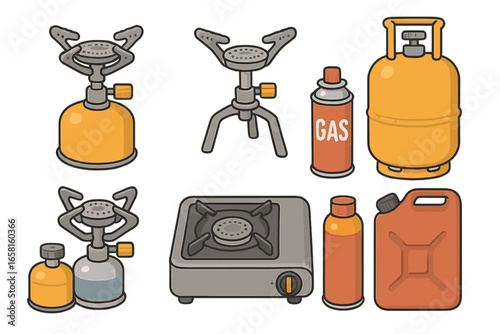 Collection of camping gas stoves and fuel containers. Vector icon set of portable tourist burner, propane tank, aerosol can, gas bottle and jerrycan for outdoor adventure.