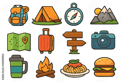 Travel and camping icon collection. Outdoor adventure and hiking equipment symbols. Vector illustration set with backpack, tent, compass, map, food, and camera for tourism concepts.