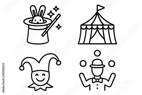 Magic and circus outline icons set. Rabbit in hat trick, circus tent, jester, and juggler. Entertainment and festival symbols. Vector line art for show and performance.