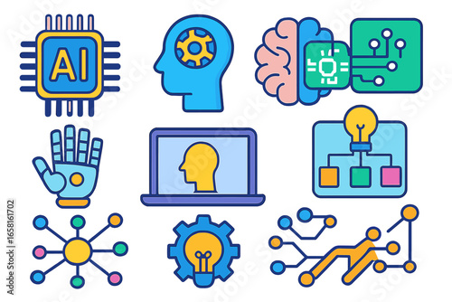 AI icon set vector. Artificial intelligence concepts for technology and innovation. Machine learning, deep learning, data science, robotics. Brain, chip, robot hand symbol.