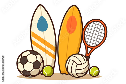 Sports equipment collection vector illustration. Set of summer beach activity items like surfboard, soccer, volleyball, tennis racket and balls. Cartoon graphic for active lifestyle.