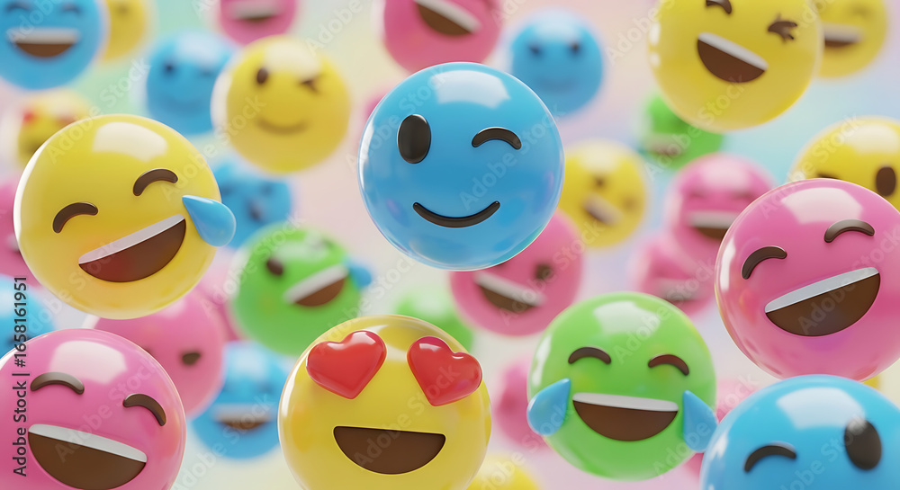 Fototapeta premium Joyful 3D emoji characters float, expressing happiness and laughter.