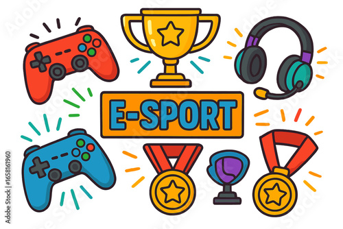 E-sport concept with gaming icons. Vector cartoon collection for competition or tournament. Includes trophy, medal, controller, headset. Winner prize and championship elements set.