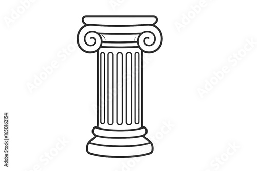 Classic Ionic column pillar. Ancient Greek or Roman architecture element. Line art vector for history, law, or finance concepts. Minimalist black and white drawing logo icon.