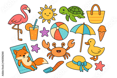 Cute summer beach icon set with animals. Cartoon vector collection for vacation. Flamingo, turtle, crab, sunbathing fox, sun, ball, umbrella, ice cream. Fun holiday doodle clipart.