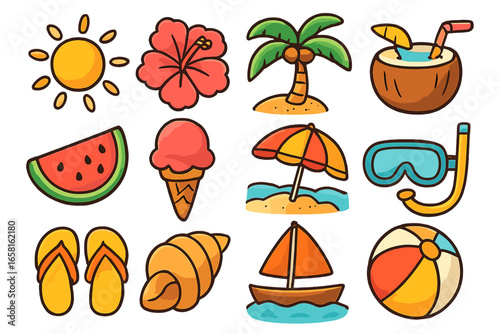 Vibrant summer vector icons set. Cartoon beach, tropical, vacation, sea, holiday, sun, watermelon, coconut drink, ice cream, flip flops, shell, palm, snorkel, umbrella, sailboat, ball