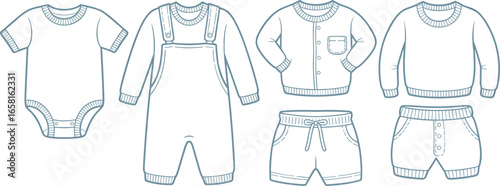 Collection of simple line art baby clothes including bodysuit overalls sweater shorts children's clothing