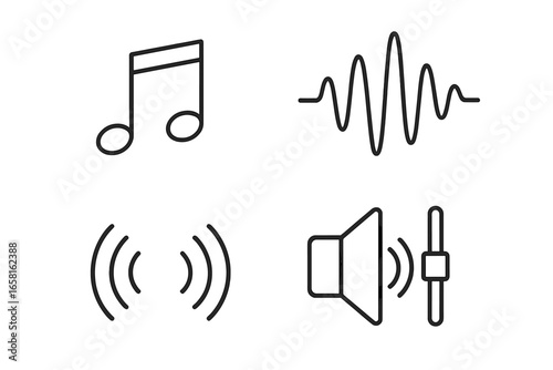 Sound icon set. Outline audio symbols collection. Music note, soundwave, vibration, speaker and volume control slider. Linear pictogram for web and mobile apps. Vector.