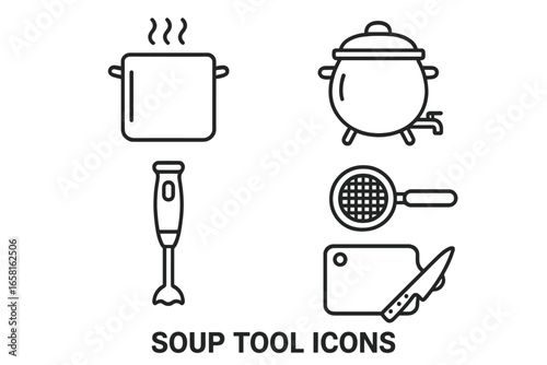 Soup cooking tool and kitchen equipment outline icon set. Vector of stock pot, kettle, immersion blender, strainer, cutting board and knife for food preparation concept.
