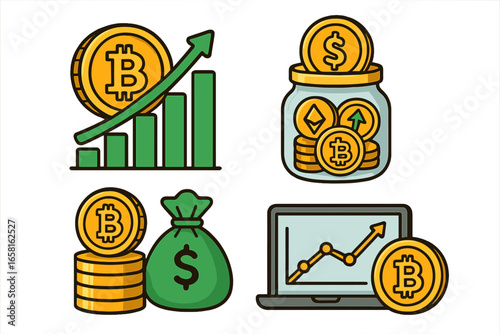 Cryptocurrency finance icons vector illustration. Bitcoin, Ethereum, dollar coins, digital wallet, investment growth, savings jar, profit chart, money bag, blockchain, financial technology, fintech.
