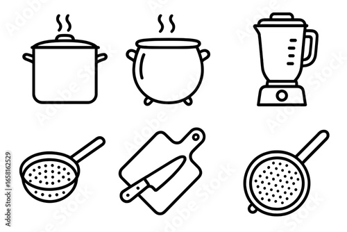 Kitchen tool outline icons for soup making. Vector culinary equipment set with stock pot, cauldron, blender, colander, cutting board, and knife. Cookware line art graphics.