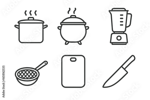 Soup cooking tools icon set. Kitchenware outline icons collection with stock pot, kettle, blender, sieve, cutting board, and knife. Vector pictograms for food preparation.