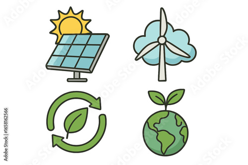 Renewable energy icons, clean technology illustration with solar panel, wind turbine, recycling symbol, green earth, sustainability concept, eco-friendly environment, vector cartoon, global future